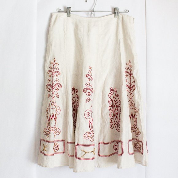 Sunny Leigh Dresses & Skirts - 100% Linen Skirt Boho Sunny Leigh Embroidered White Skirt Red Detail Size 12